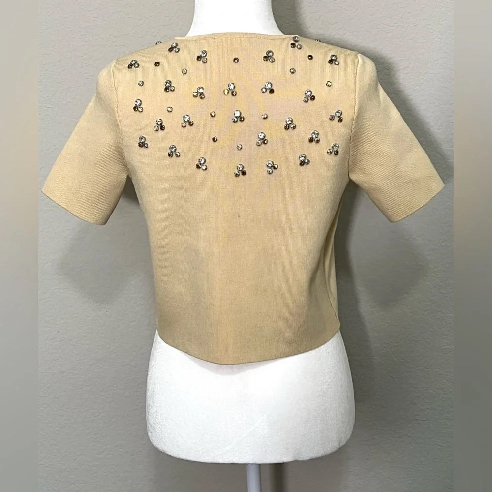 Zara Short Sleeve Rhinestone Embellished Minimalist Cardigan Sweater Size S